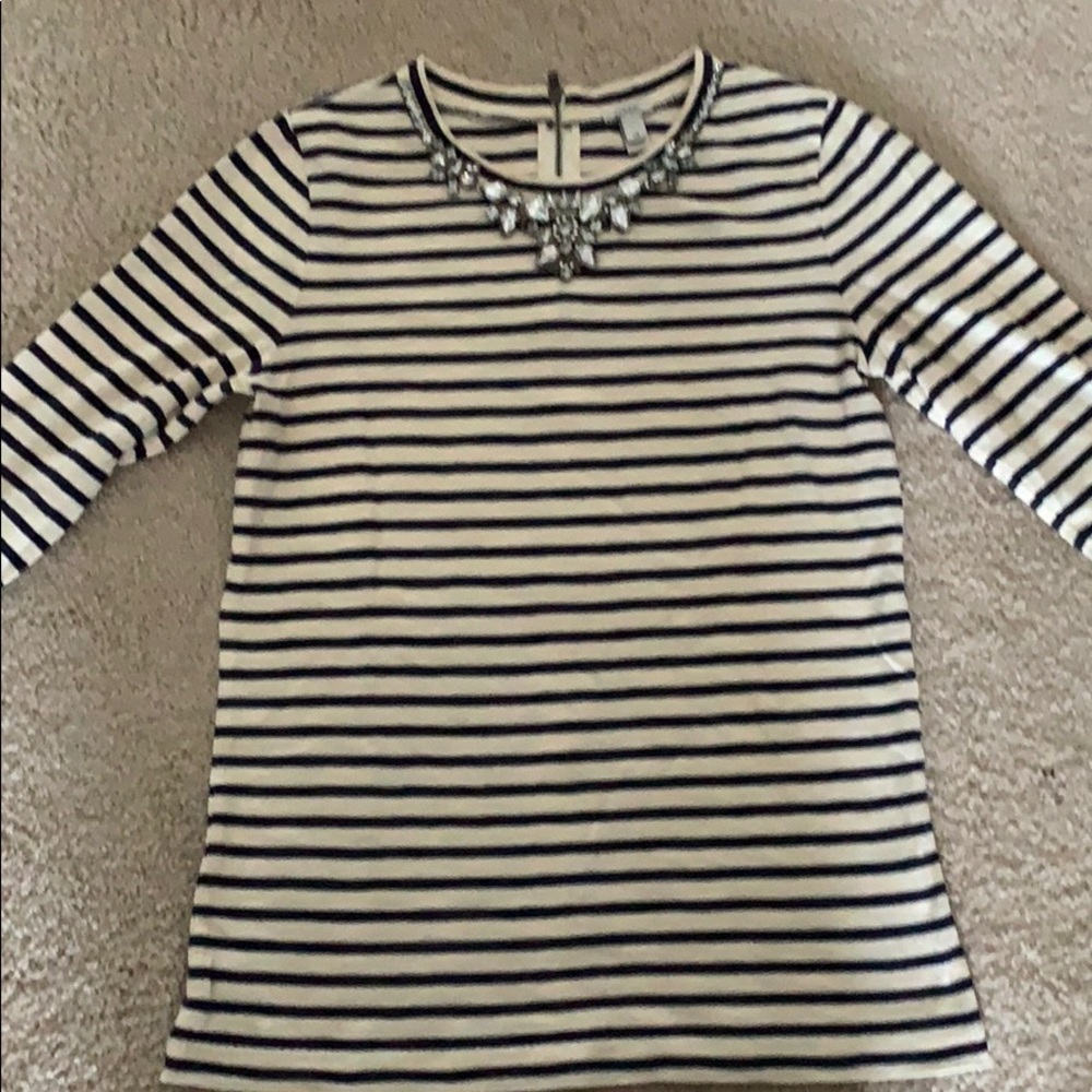 Jewel Neck Navy Blue and Ivory Stripped Shirt